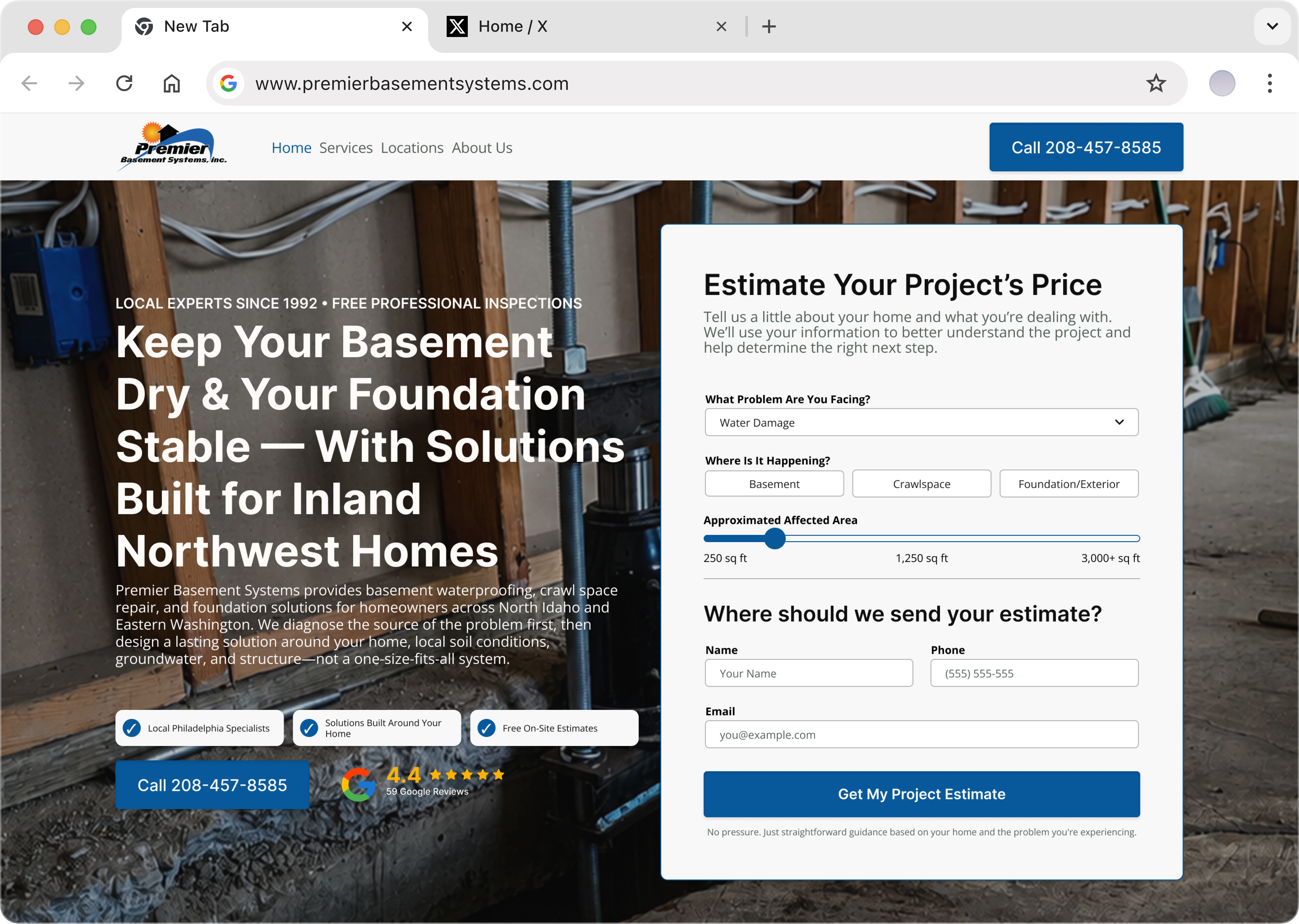 Concept Premier Basement Systems homepage with an estimate form