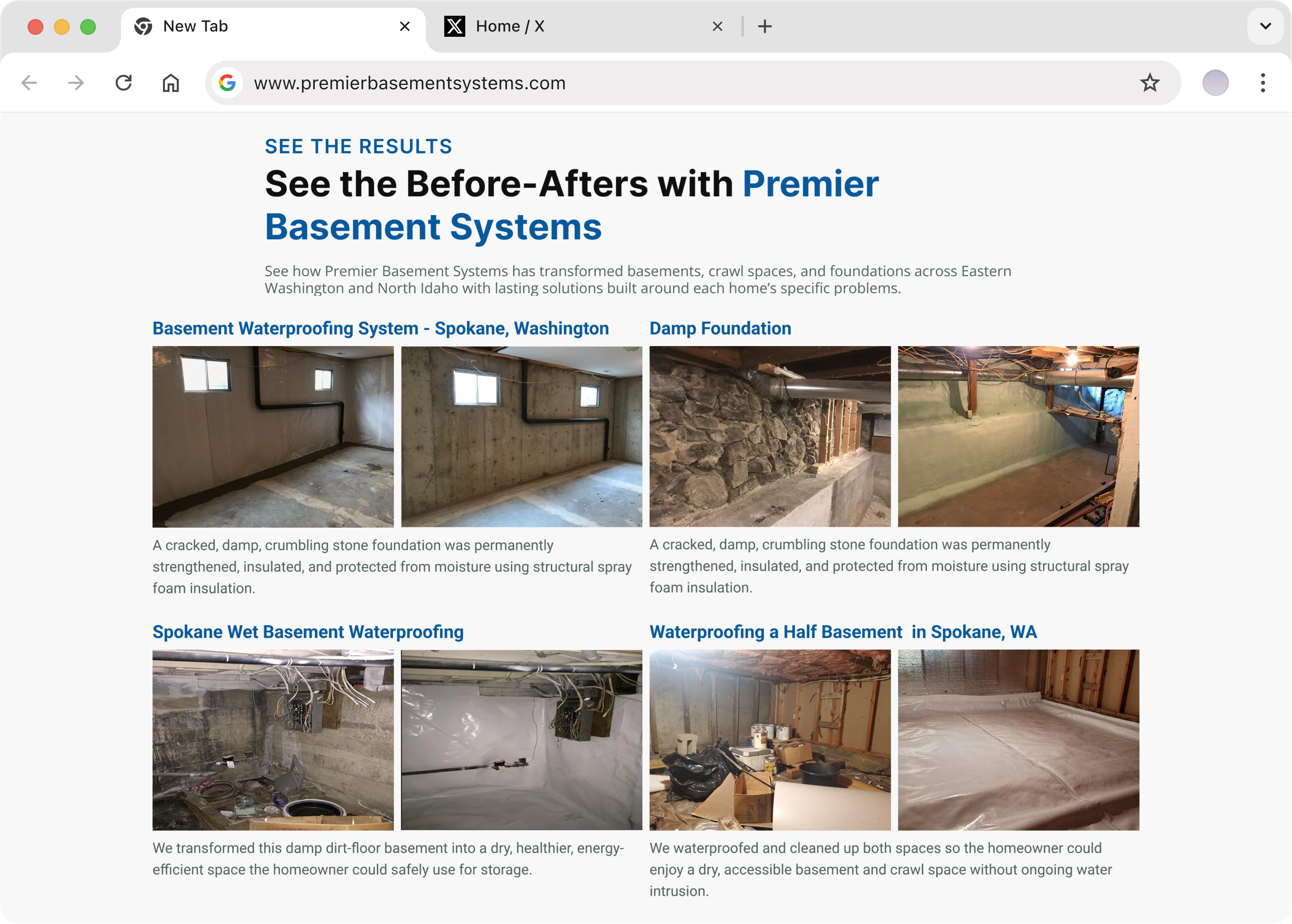 Premier before-and-after gallery on the redesigned homepage