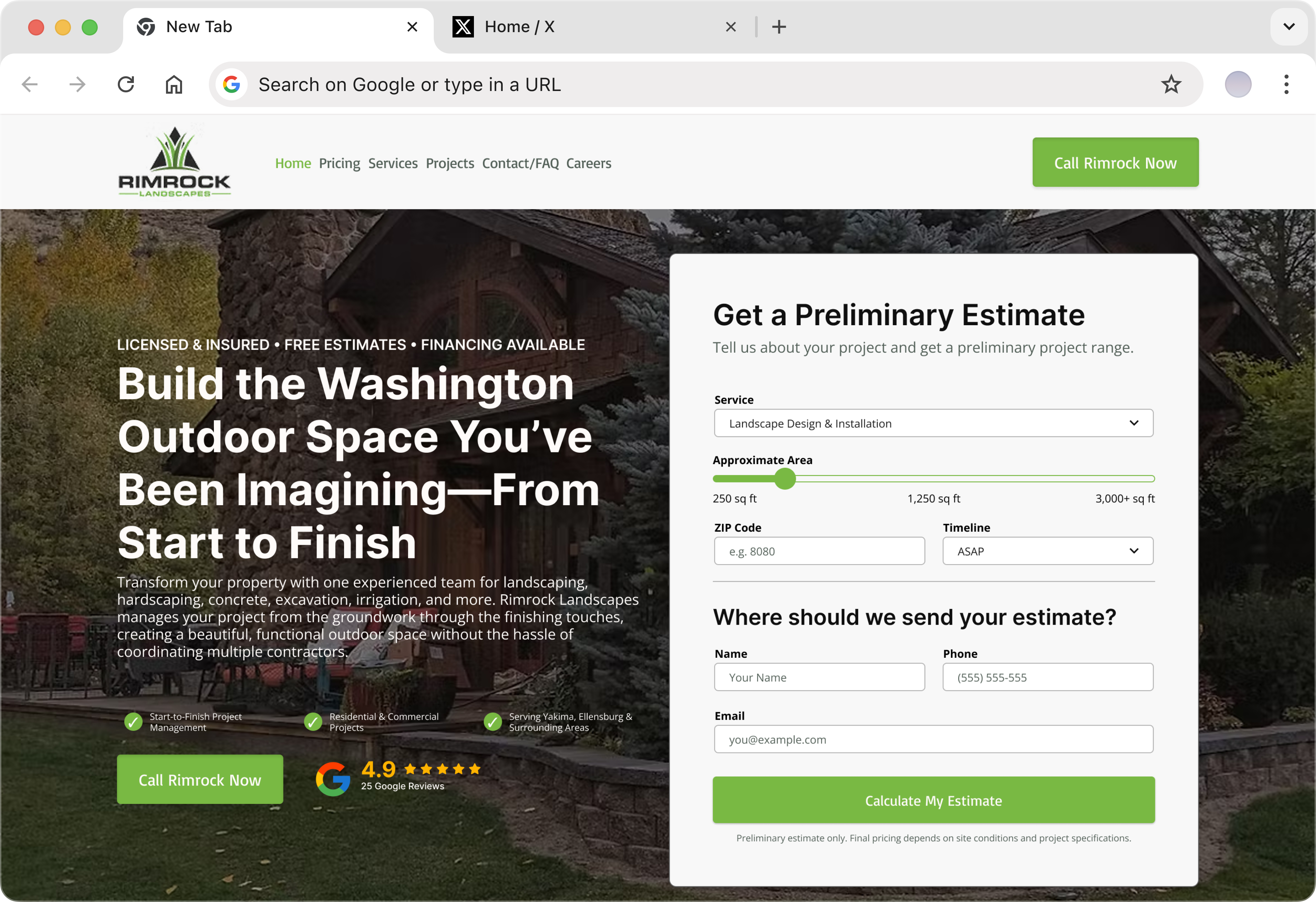 Concept Rimrock Landscapes homepage with an estimate form